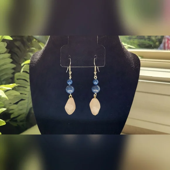 ARTISAN Milky Pink and Vibrant Blue Beaded Statement Dangle Earrings / Pierced - Picture 3 of 5